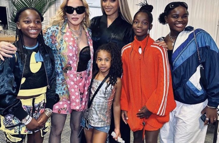 madonna-took-a-rare-photo-with-beyonce,-rumi-and-her-children-in-a-$3,600-versace-set-backstage-at-the-renaissance-tour