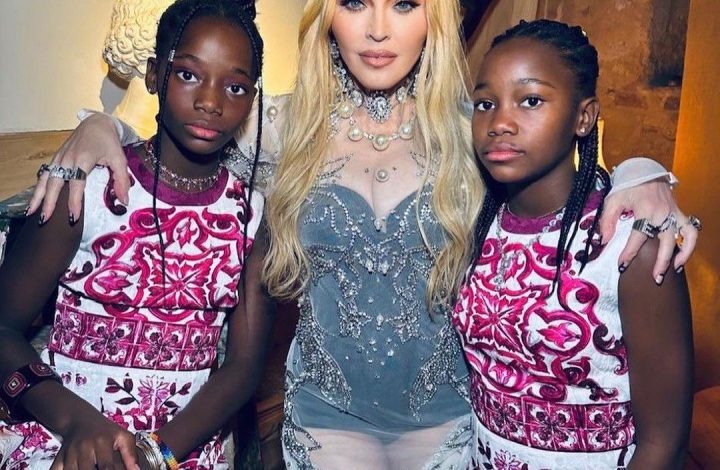 the-‘queen-of-pop’-madonna-celebrates-her-65th-birthday-with-daughters-stella-and-estere-in-matching-dolce-&-gabbana-majolica-prints