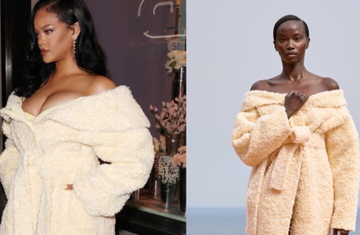 rihanna-launches-fenty-hair-in-london-in-a-jacquemus-cream-coat,-john-galliano-ss-06-ruffle-dress-and-gold-custom-amina-muaddi-heels