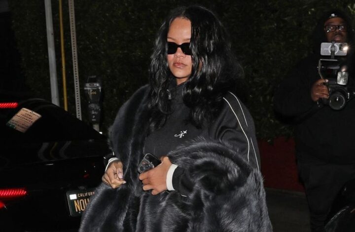 rihanna-stepped-out-to-dinner-in-la-in-a-black-awake-new-york-track-suit,-with-a-black-bottega-veneta-faux-fur-shawl-and-brown-puma-sneakers